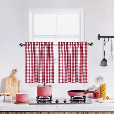 Red and White Tier Kitchen Curtains 36 Inches Long,Burgundy Buffalo Plaid Gingham Rod Pocket Half Window Treatment Set Half Window Cafe Curtains for Kitchen Bathroom, 28" x 36", Red/White, Set of 2