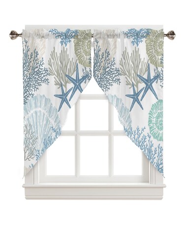 Swag Curtain Valances Nautical Coastal Ocean Coral Short Swag Topper for Small Windows Beach Themed Blue Teal Window Curtain Tiers for Kitchen Bedroom Living Room 56" W x 36" L
