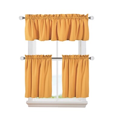 Softopia Cotton 3 Pieces Window Curtain Tiers and Valance Set- 100% Cotton Half Short Window Curtains 2 Tiers &amp; 1 Valance Farmhouse Vintage Curtains for Kitchen Bathroom Living Room- Mustard Yellow