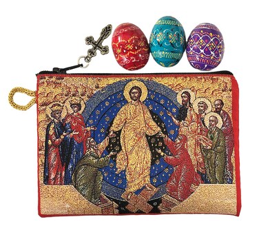 Pysanky Pysanki Wooden Ukrainian Hand Painted Easter Eggs - Set of 3 - With Tapestry Pouch Purse Bag Resurrection of Christ 5 3/8 Inch