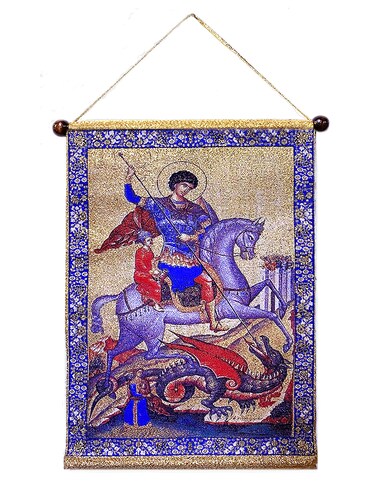 Needzo Saint George Icon Tapestry Wall Hanging 14 Inch, Great Martyr St George on White Horse Dragon, Religious Orthodox Gift Wall Decoration