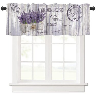 Purple Lavender Flowers in Flowerpot Curtain Valance for Windows/Living Room/Kitchen/Bathroom/Farmhouse, Vintage Stamp Wooden Texture Short Rod Pocket Tier Curtain Window Treatment, 1 Panel 54x18