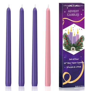 4 Pack Advent Candles Set - 10-Inch Dripless, Unscented, Smokeless, Long-Lasting Advent Tapered Candles for Christmas, Hand-Poured in Pink and Purple