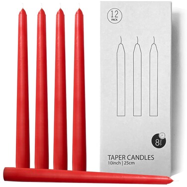 Topsics 12 Pack Red Taper Candles,10 Inch Unscented Red Long Candles Low Heat Christmas Taper Candles, Perfect for Dinner, Party, &amp; Churches Home D&Atilde;&copy;cor