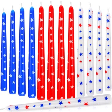 Threlaco 12 Pcs Independence Day Dripless Taper Candles 10 Inch Tall Unscented Candle Sticks White Red Blue Candle Set Independence Day Gifts Holiday Decor for Dinner, 4th of July Party, Anniversary