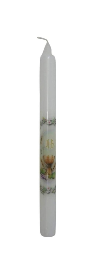 White IHS Chalice Design First Holy Communion Hand Decorated Taper Candle, Catholic Gifts for Girls and Boys, Tall Candles, Cirio para Primera Comunion, 10 Inches