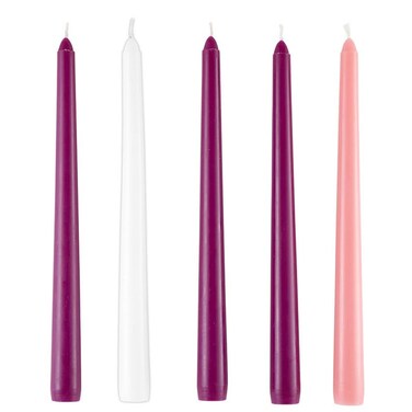 Deluxe Advent Taper Candle Set, White Pink and Purple Dripless Candlesticks, Religious Christmas Wreath Accessories, 10 Inches, 5 Total Pieces