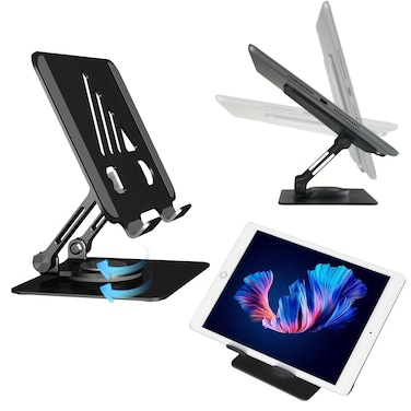 Swivel Tablet Stand, Adjustable iPad Stand with 360 Rotating Base, Foldable Desktop Tablet Holder, Black Metal Cell Phone Display Holder Compatible with iPad/Pro/Air/Mini, Tablets, iPhone 15 Pro