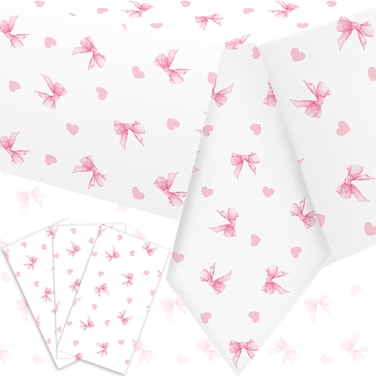 Hahafelt 3 Pack Coquette Pink Bow Tablecloth 54 x 108 Inch Plastic Wedding Baby Shower Tablecloths Disposable Christmas Rectangle Pink Bow Pattern Table Cloth for Party Dining Indoor Outdoor(White)