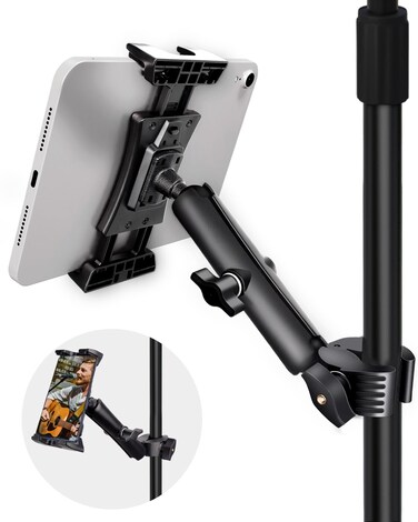 LMS iPad Holder for Mic Stand, Micophone Music Stand Tablet Phone Holder Mount, Exercise Bike Handlebar Clamp Mount Treadmill Tablet iPad Holder for Tablets &amp; Phones 4-13.5 inches