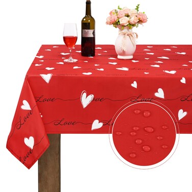 Valentine's Day Tablecloth Rectangle 60 x 84 Inch, Red Love Heart Table Cloth, Waterproof Spill Proof Wrinkle Resistant Table Cover for Anniversary Wedding Party Holiday Kitchen Dining Room Decoration