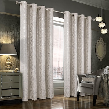 always4u 100% Blackout Foil Print Ridged Velvet Curtains Damask 84 Inches Long Drapes 2 Panels Shiny Metallic Window Treatment Natural 54 * 84 Inches