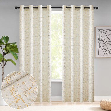 Taisier Home Gold Foil Print Linen Textured Curtains Geometric Dots Pattern Design Curtains for Bedroom Living Room Thermal Insulated Window Treatment 2 Panels 95" L,Off White and Gold Curtains Print