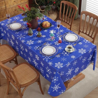Christmas Blue Table Cloth, White Snowflake Print, Flannel Backed Vinyl Tablecloth for Rectangle Tables, Waterproof PVC Plastic Table Cover for Christmas Winter, Holiday Party Use 52 x 70 Inches