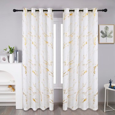 Taisier Home Gold Foil Print Linen Textured Curtains Geometric Marble Pattern Design Curtains for Living Room Light Filtering Window Treatment 2 Panels 95" L,Off White and Gold Curtains Print