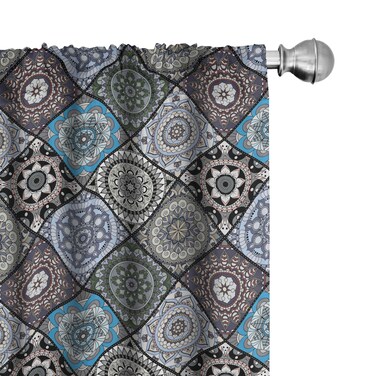 Ambesonne Moroccan Curtains, Detailed Flower Designs with Checkered Pattern and Antique Cultural Inspirations, Window Treatments 2 Panel Set for Living Room Bedroom, Pair of - 28" x 84", Blue Black