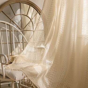 Sutuo Home 2 Panels Boho Curtains 96 Inches Length for Bedroom, Window Treatments Bohemian Sheer Crochet Lace Vintage Drapes Pair, Beige Geometry Knitted with Handmade Tassels Rod Pocket, 52" x 96