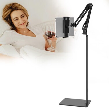Debtrop Floor Stand Holder for Kindle iPad Tablet with Heavy Duty Base, Adjustable Arm Mount Stand Holder for Reading in Bed Compatible with iPad Mini Air Pro, Galaxy Tab, Kindle, Switch, Cell Phone
