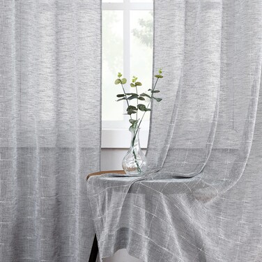 Central Park Gray Sheer Curtain White GEO Cross Embroidery Panels Linen Texture Rod Pocket Window Treatment Drape Sets for Living and Bedroom Farmhouse 108 inches Long, 2 Panels, Grey