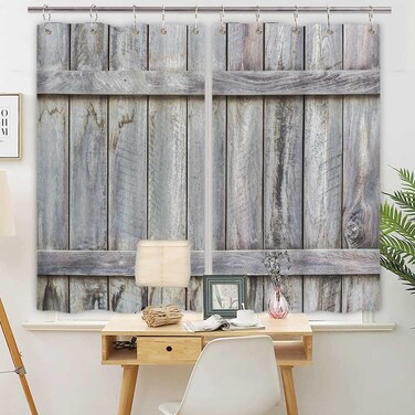 Wooden Barn Doors Kitchen Curtains, Wood Rustic Farm Farmhouse Kitchen Curtains Country Retro Western Printed Window Curtain Treatment for Living Room Bedroom Fabric Curtains 55x39 Inch