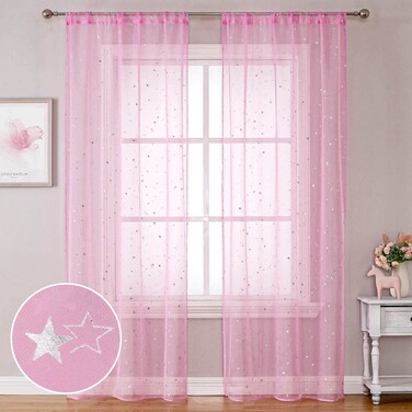 WUBODTI Pink Semi Sheer Curtains for Girls Room 84 Inches Long 2 Panels, Rod Pocket Twinkle Starry Star Gauze Window Treatments Light Filtering Drapes and Curtains for Nursery Bedroom Living Room