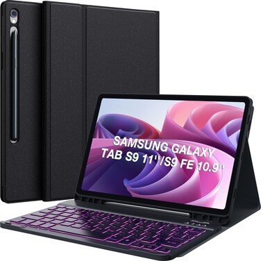CHESONA Galaxy Tab S9 Fe Case with Keyboard, Galaxy Tab S9 Keyboard Case, Magnetic Detachable &amp; 7-Color Backlit Wireless Keyboard, Slim Folio Case with S Pen Holder, for S9 Fe 5g 10.9''/S9 11'', Black