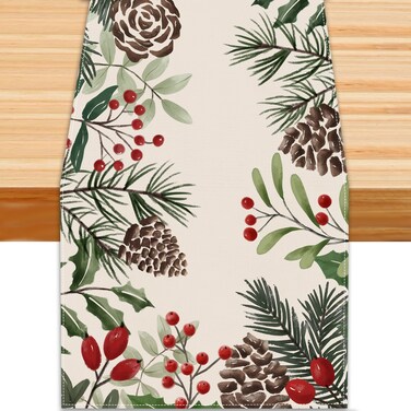 Heirloom Haven Christmas Winter Table Runner, Holly Berry Pine Cone Needle Branch Table Runners Xmas Seasonal Holiday Table Decorations for Farmhouse Kitchen Dinning Home Party Decor 13x72in