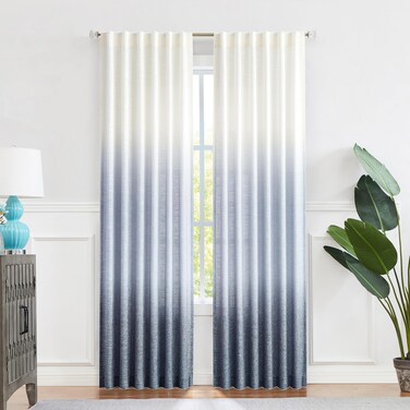 Central Park Ombre Window Curtain Panel Linen Gradient Print on Rayon Blend Fabric Backtab Rod Pocket Drapery Treatments for Living Room/Bedroom, Cream White to Indigo Blue, 50" x 108", Set of 2