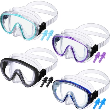 4 Pcs Adult Swim Goggles Swimming Goggles with 4 Pair Earplugs Anti Fog Snorkel Mask Clear View Tempered Glass Scuba Mask Waterproof Diving Mask with Nose Cover for Adult Men Women(Cute Color)