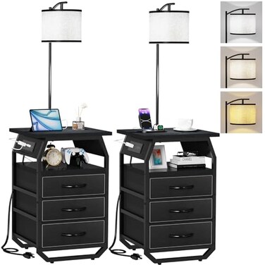 runjuly Floor Lamp with Table Set of 2, Night Stand with Lamp Attached 3-Color Temperature Bulb, End Table Lamp with 3 Drawers &amp; Charging, Lamp Table Combo for Bedroom, Living Room, Dorm - Black