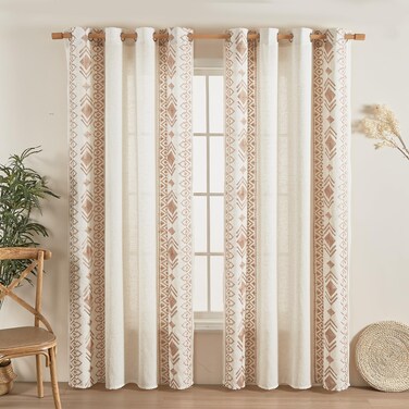 Beige Boho Curtains 2 Panels for Bedroom 84 Inches Long Linen Embroidered Drapes for Living Room Farmhouse Geometric Light Filtering Grommet Window Treatment 52x84 Inch, Taupe On Beige