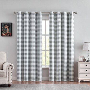 Randall Buffalo Plaid 80% Blackout Curtain Panels 84 Inches Long Grey Check Grommet Top Curtain Drape Room Darkening Thermal Insulated Window Treatment for Bedroom, 52"x 84"x2, Gray/White