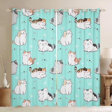 Cat Window Curtains,Cute Pet Theme Blackout Curtains for Kids Teens Girls Youth,White Cat Paw Print Decor Curtains for Bedroom Living Room,Kawaii Animal Kitten Window Treatments 42"x63",2 Panels