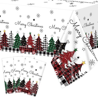 3Pcs Christmas Disposable Tablecloths Christmas Plastic Table cloth Christmas Tree Buffalo Plaid Snowflake Truck Waterproof Table Cover for Winter Holiday Xmas Birthday Party Supplies Decor 108 x 54In