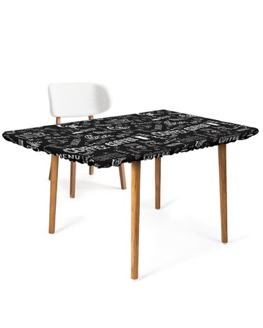 Gsypo Fitted Square Table Cover, Mid-Century Modern Coffee Shop Letterings Patterns Black Vinyl Rectangle Tablecloth, Elastic Edge Waterproof Wipeable Washable Stretch Square Table Cover, 24x36 Inch