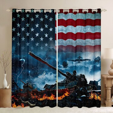 American Flag Window Drapes Tank Gun Window Curtains Military Curtains Sets For Boys Men Camouflage Bedroom Fighter Plane National Flag Aircraft Window Treatments Living Room Decor 2 Panels 38W"x45L