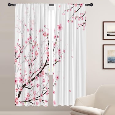 Coxila Pink Cherry Blossom Window Curtains for Bedroom 42 x 84 Inch Rod Pocket Japanese Sakura Flower Floral Pattern Design Curtains Living Room Treatment Set of 2 Curtain Panels Drapes