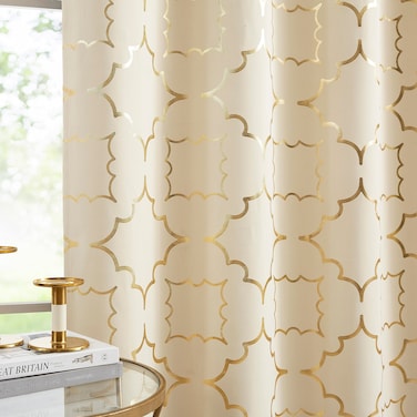 Purainbow Beige Blackout Curtain Panels for Bedroom 84" Gold Foil Moroccan Metallic Print Energy Efficient Drapes for Bedroom Living Room, Thermal Insulated Window Treatments Grommet Top 2 Panels