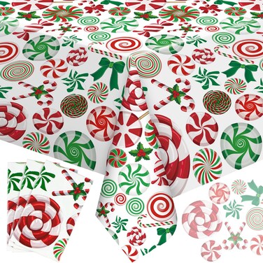 Buryeah 3 Pcs Christmas Plastic Tablecloths Xmas Rectangle Table Cover Lollipops Candy Canes Waterproof Table Cloth for Christmas Holiday Winter Kitchen Dinner Home Party Decor, 54 x 108 Inches