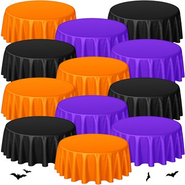 Preboun 24 Pcs Halloween Round Plastic Tablecloth Black Purple Orange Table Cloths Disposable Decorative Table Cover for Parties Weddings Dining Buffet Outdoor Camping Picnic Autumn Fall, 84 Inches