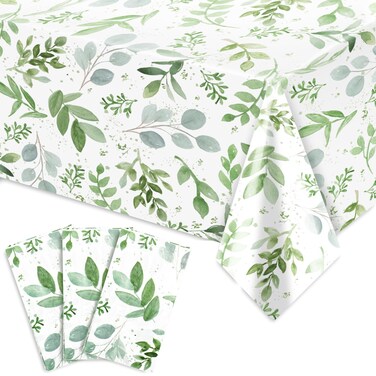 AnyDesign 3Pcs Greenery Plastic Tablecloth Sage Green Eucalyptus Leaves Disposable Table Cloth Rectangle Table Covers for Birthday Wedding Baby Shower Party Decor Supplies, 54 x 108 Inch