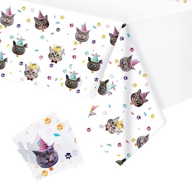 Obluchye Cat Themed Birthday Disposable Tablecloth,2 PCS Pet Kitten White Table Cloth Rectangle,137 x 180 cm/54 x 71 Inches Table Covers for Rectangle Tables Birthday Party Supplies Decorations
