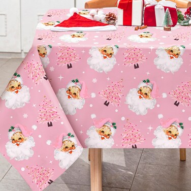 AnyDesign Pink Christmas Tablecloth Xmas Tree Santa Claus Rectangle Table Cloth Washable Table Cover for Picnic Dining Table Decor, 60 x 104 Inch