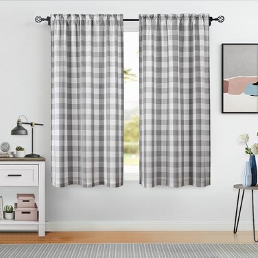 Bapawfish Gray and White Gingham Buffalo Plaid Checkered Window Curtain Panels 63 inches Length, Farmhouse Rustic Rod Pocket Window Drapes Treatment, for Bedroom &amp; Living Room, 2 Panels,40"x63", Grey