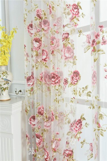 Kolachic Rod Pocket Top Rose Floral Sheer Voile Curtain, Pink Flower Tulle Transparent Window Treatment for Living Room Bedroom Glass Door, 54 by 96 Inch Each, 1 Set of 2 Panels &acirc;&euro;&brvbar;