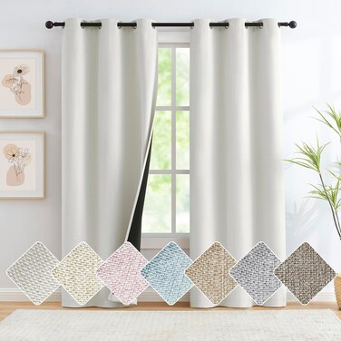 Full Blackout Rustic Curtains for Bedroom, White, Vintage Burlap Linen Textured Privacy Window Treatment Light Blocking Energy Efficient Window Treatment Set Grommet Top 40" W x 63" L, 2pc