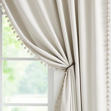 Jubilantex Pom Pom Beige Blackout Curtains 84 inches Long 2 Panels Triple Weave Window Treatments for Girls Bedroom and Living Room,52" x 84",Grommet