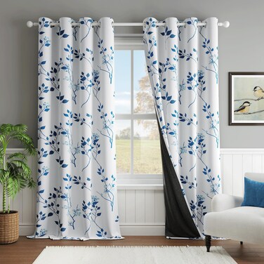Beauoop Floral 100% Blackout Curtains 96 Inches Long 2 Panels for Bedroom Living Room Navy Blue and White Flower Patterned Room Darkening Thermal Soundproof Grommet Window Treatments Drapes, 52X96