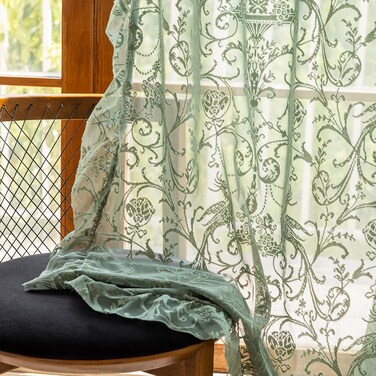 TUDECO Olive Green Lace Curtains 63 Inch Length - Vintage Sheer Floral Ruffle Curtains for Bedroom French Spring Light Privacy Window Treatment Rod Pocket 2 Panels, 59 x 63 Inch, Dark Green