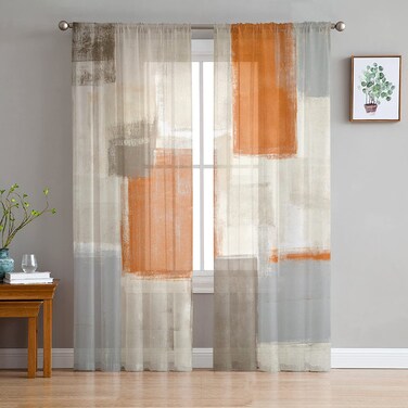 Orange Sheer Curtains 84 Inch Length 2 Panels Set, Orange and Gray Kitchen Curtains Rod Pocket Semi Sheer Drapes for Bedroom Living Room, Voile Window Treatment Abstract Graffiti Curtains Decor